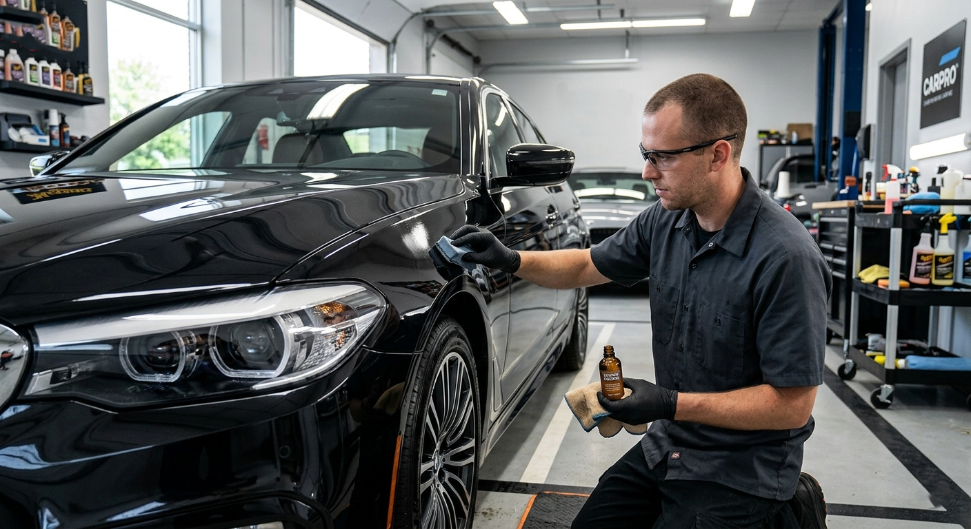 Ceramic coating being applied to car paint