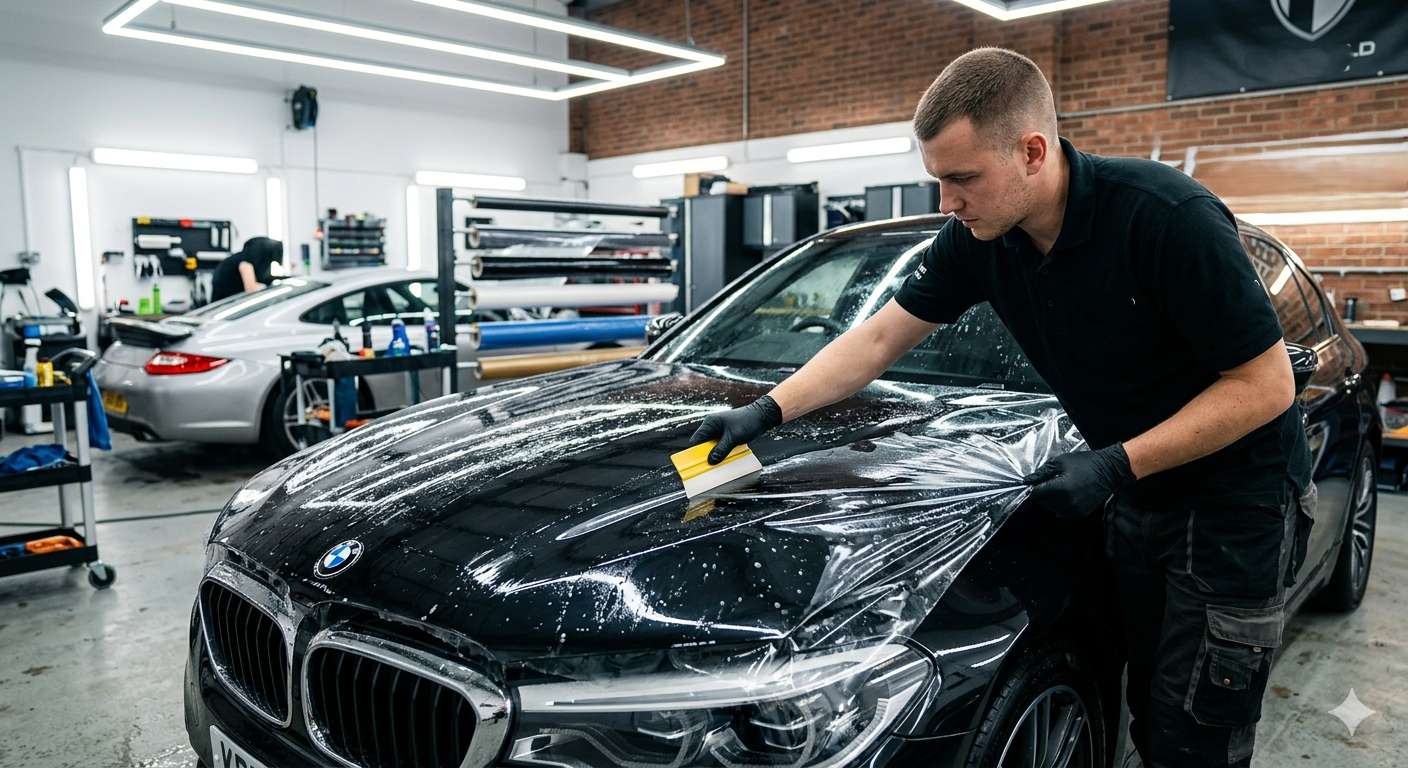 Paint protection film PPF being applied to hood